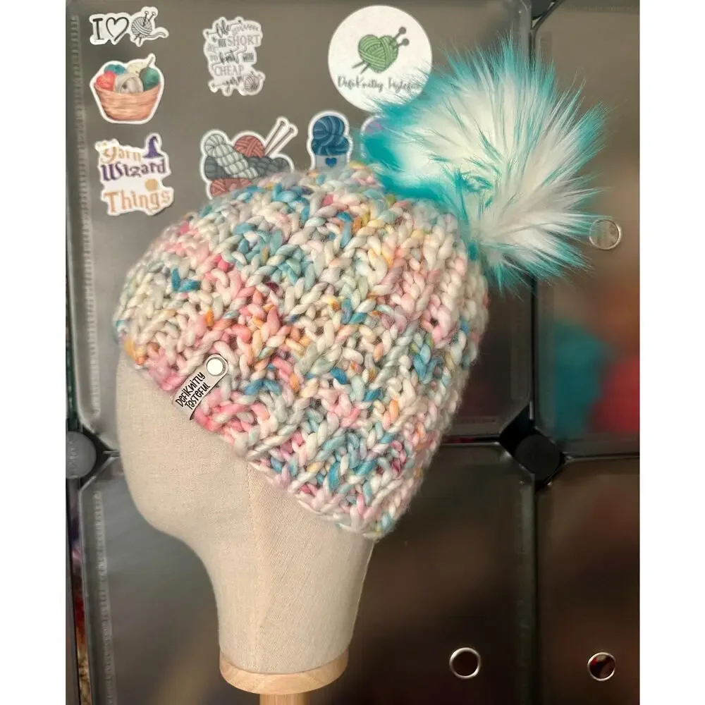 Hand Knit Merino Wool Beanie: DefiKnitly Tasteful Knit Hat with Faux Fur Pom